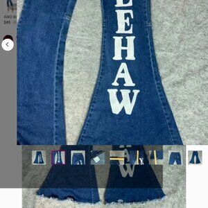 Womens Jeans 28 Blue Flare Denim Pant High Rise Raw Hem Big Stretch Cowgirl